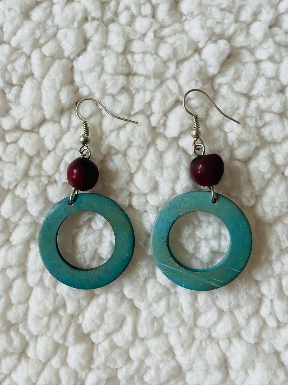Turquoise Hoop Drop Earrings with Burgundy Bead - Women Jewelry